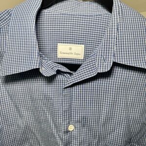 Ermenegildo Zegna Blue Check Button Front Long Sleeve Cotton Dress‎ Shirt XXL